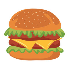 Vector illustration of juicy hamburger with double patty. National hamburger day. Fast food on white background.