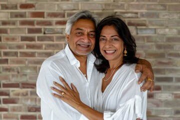 Portrait of a joyful indian couple in their 70s wearing a classic white shirt in front of vintage brick wall