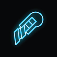 Glowing blue neon sign in the shape of a utility knife, isolated on a black background, is perfect for representing construction tools