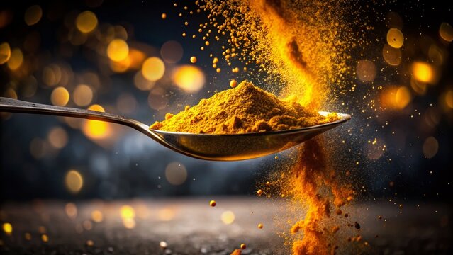 Long Exposure Photo of Curry Powder Pouring into a Tablespoon