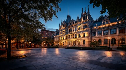 Obraz premium A twilight photograph of an architectural photographer capturing the evening glow on a newly renovated historic theater facade, Theater renovation scene, Architectural photography style
