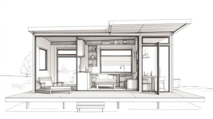 A blueprint of a tiny house design, featuring a compact layout with clever storage solutions and efficient use of space.