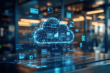 A cloud-based workspace where files, folders, and tools float in a cloud environment, symbolizing seamless digital collaboration in a hybrid work setup.