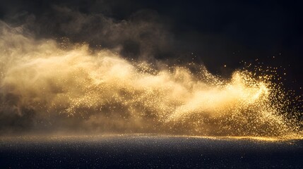 Naklejka premium Golden Glitter Dust and Smoke Swirl on Dark Background