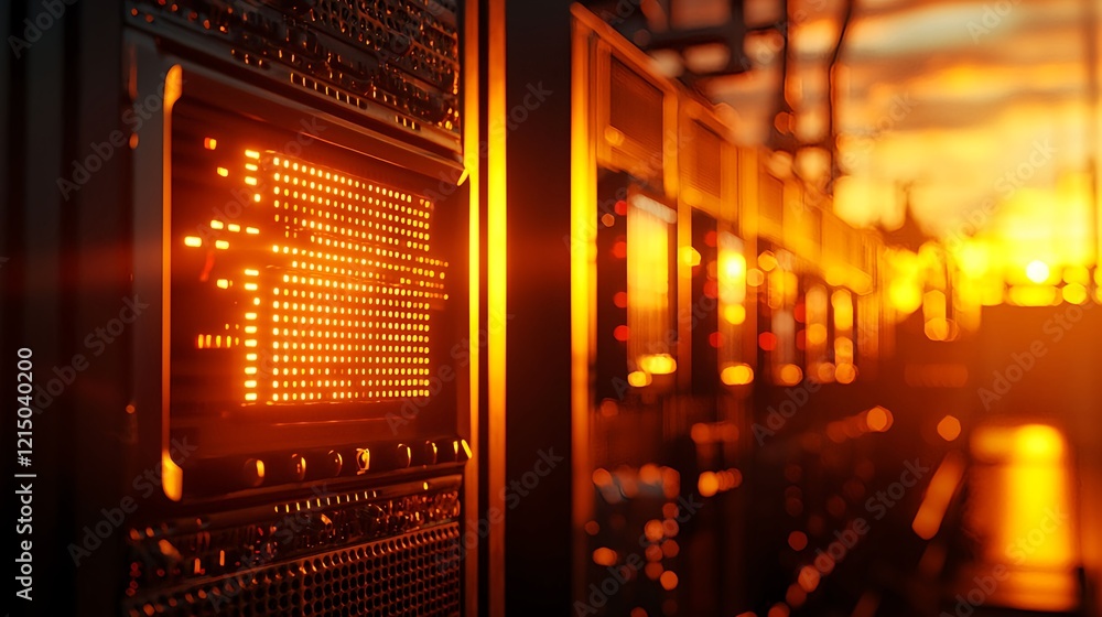 Poster sunset glow on technology rack in high-tech data center environment