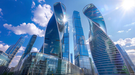 Futuristic skyscrapers with bold architectural designs under bright daylight, high-definition.