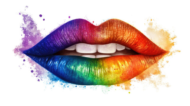 Rainbow Lips: A bold and vibrant close-up shot of full lips painted in a rainbow of colors, symbolizing individuality, diversity, and self-expression. - Powered by Adobe