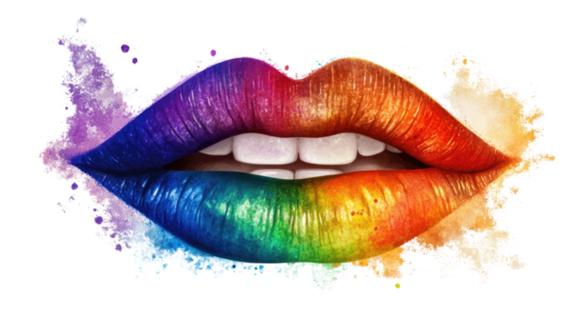 Rainbow Lips: A bold and vibrant close-up shot of full lips painted in a rainbow of colors, symbolizing individuality, diversity, and self-expression.