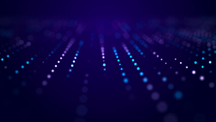 Abstract bright wave of glowing particles. The flow of musical sounds. Big data visualization. 3d rendering.