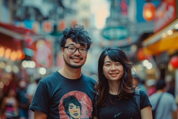 Portrait of a satisfied asian couple in their 30s sporting a vintage band t-shirt in busy urban street