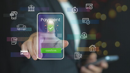Businessman using smartphone with icons on virtual screen, online shopping and payment via mobile banking apps financial technology