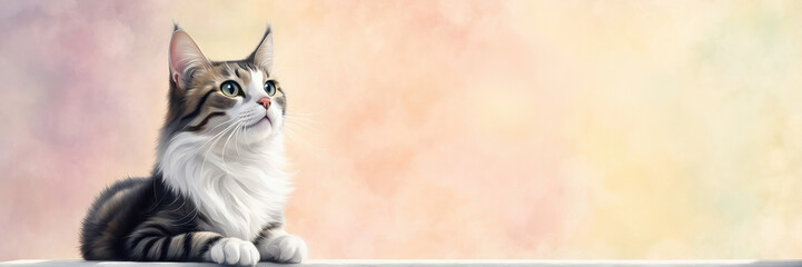 A banner with an image of a cat sitting and looking up, on a muted monochrome background. A banner with a place to copy it.