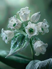 Emerald-studded white flowers, dew drops, green leaf background; nature jewelry