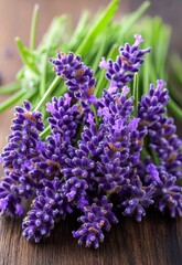 Fototapeta premium Lavender Sprig Arrangement on Rustic Wood Floor for Natural Decor Inspiration