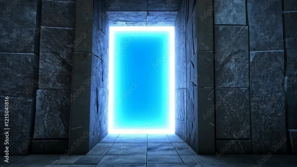 Poster mysterious glowing blue portal illuminates stone hallway with futuristic light, creating intriguing 