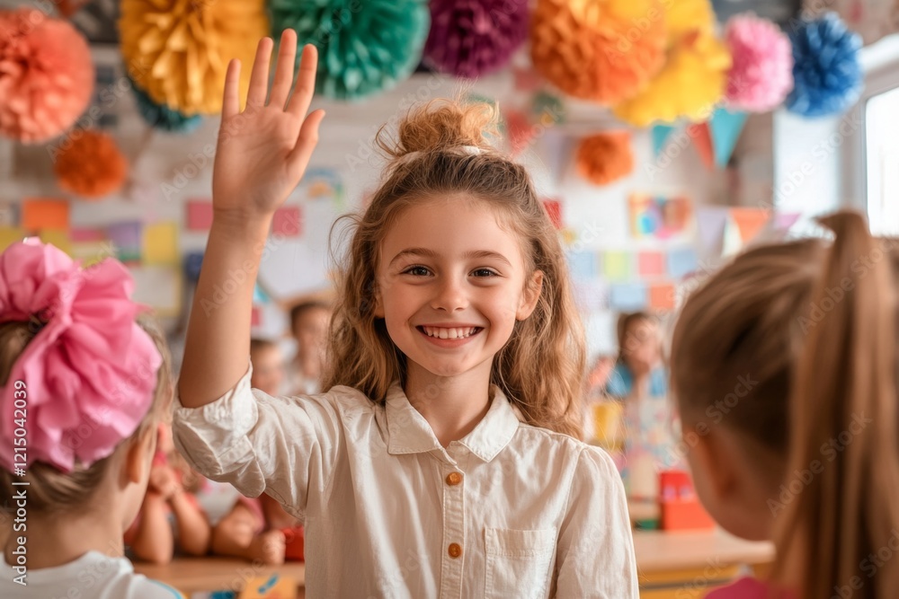 Poster a teacher high-fiving a student in a lively classroom filled with colorful decorations and smiling c