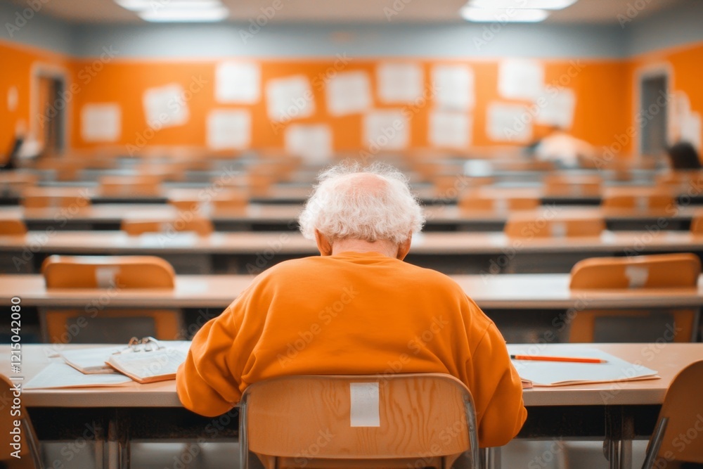 Poster a teacher sitting alone in an empty classroom, looking worried as they review a student troubling as