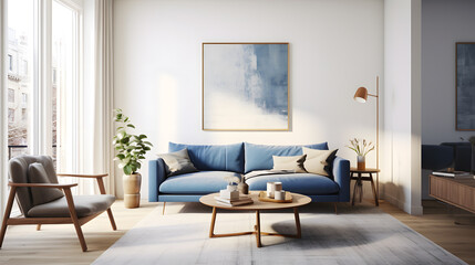 Minimalist Minimalist Modern Interior With Bright Colors in City Apartment, in the style of gold and blue
