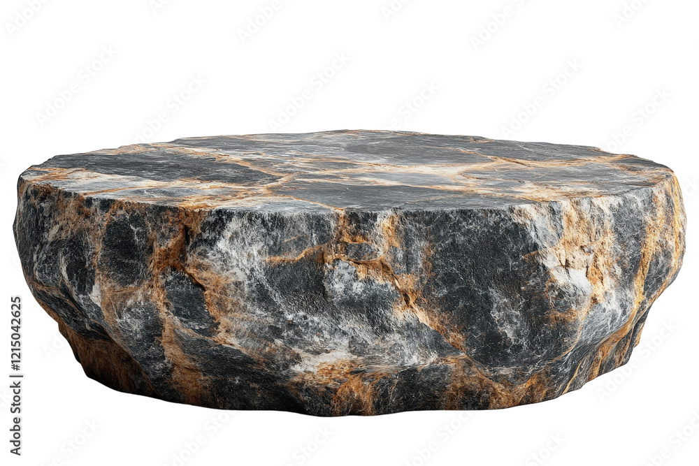 Poster a single rock placed on a black background showcasing natural textures and colors in a minimalistic 