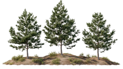 Trio of Pine Trees: Three majestic pine trees stand tall on a small mound of earth and grass, their lush green needles contrasting beautifully against the clear background.