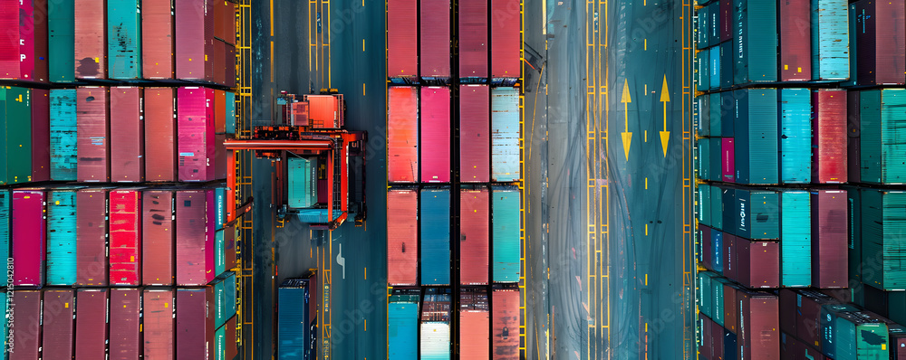 Poster aerial view of busy cargo container terminal