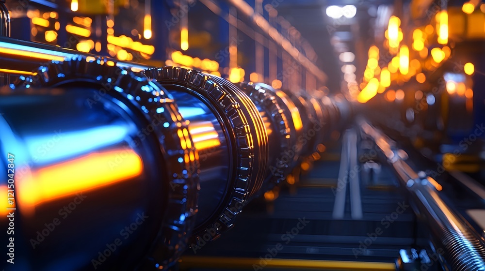 Poster industrial pipeline with glowing lights in a modern factory setting
