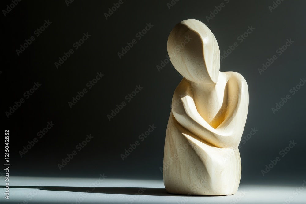 Poster artistic wooden sculpture depicting introspection illuminated by soft studio lighting in an isolated