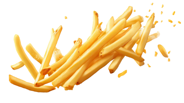 French Fries in Flight: A tantalizing swirl of golden-brown french fries, frozen mid-air, with scattered crumbs adding a touch of culinary artistry. Perfect for restaurant menus, food blogs.