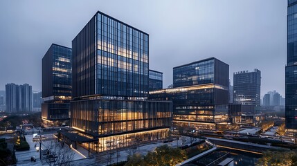 Fototapeta premium Modern Cityscape Illuminated Evening Office Buildings