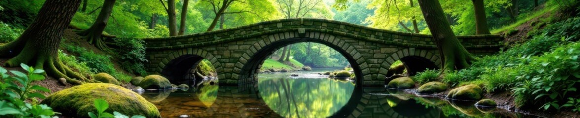 Fototapeta premium Moss covered stone bridge arching over a serene forest river, bridge, reflection