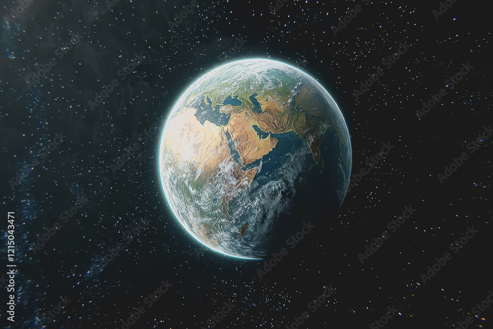 Poster aerial view of earth from outer space showcasing the planets curvature and cloud patterns in a dark 