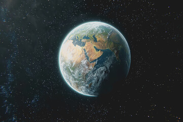 Obraz premium Aerial view of earth from outer space showcasing the planets curvature and cloud patterns in a dark background with stars visible in the distance