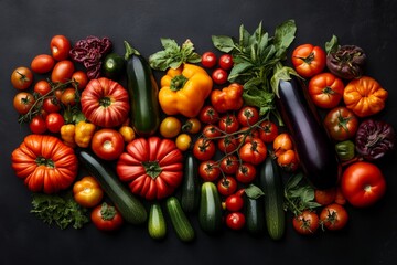 A vibrant flat-lay of zucchinis, eggplants, and tomatoes arranged in a colorful, artistic pattern on a dark wooden background
