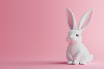 Obraz premium White rabbit sitting on a pink background with soft lighting and minimalistic composition creating a serene atmosphere for nature and animal photography