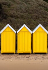 Vibrant Yellow Beach Shacks Against Golden Sand and Green Grass Hillside