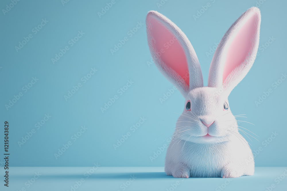 Poster white rabbit sitting on a smooth blue surface with a soft texture and natural lighting showcasing it