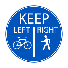 Keep left for bicycle and right for walker. Instruction on a blue circle traffic sign of pedestrian and bike lane 