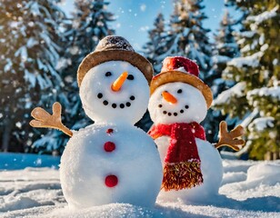 Two Cheerful Snowmen in a Winter Wonderland: Joyful Snow Sculptures Amid Frosty Snowflakes and Cold Weather