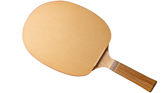Table Tennis Racket: Close-up of a classic table tennis racket with a light brown wooden blade and handle, showcasing its smooth surface and elegant design.  Suitable for sports, leisure.