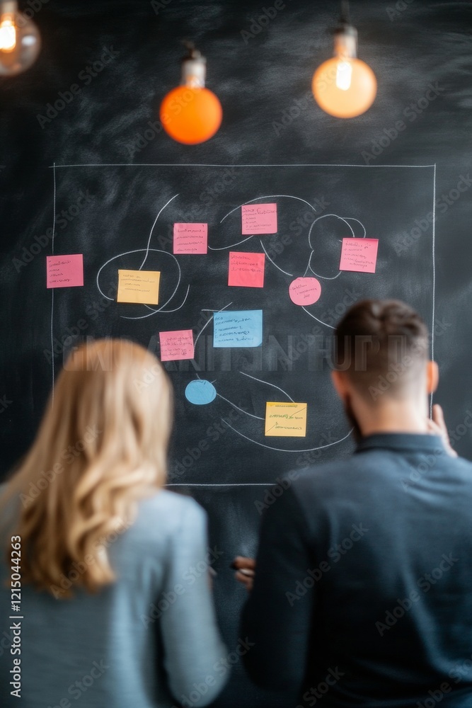 Poster contemporary office collaboration brainstorming session in modern workspace with chalkboard and stic