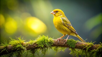 Obraz premium Low Light Canary on Branch, Vibrant Yellow Bird in Nature, Wildlife Photography