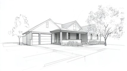 A classic house blueprint showcasing a single-story layout with spacious rooms, a garage, and a front porch, in precise technical lines.