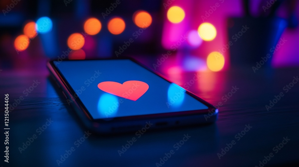 Poster heart icon on a smartphone screen with bokeh lights in the background representing love