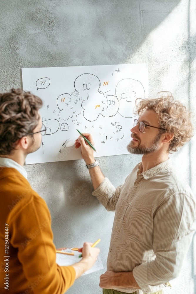 Poster minimalist collaborative workspace young diverse coworkers brainstorming with whiteboard on textured