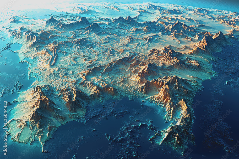 Poster 3d model of earth showing continents and oceans in detailed geographic representation with vivid colors and accurate topographic features