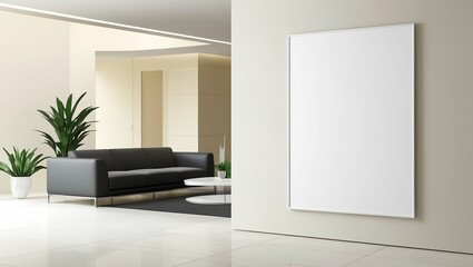 A sleek living room with a minimalist aesthetic features a large, blank white poster mounted on a clean, off-white wall, standing out against a sophisticated, modern interior design