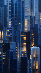 Vibrant cityscape with Skyscrapers at night with lights in navy blue colors