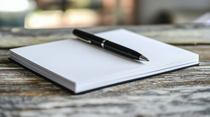 A clean notepad with blank pages and a black pen, placed neatly on a table, ready for the meeting.