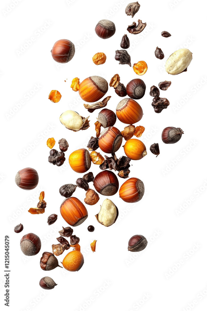 Poster a group of assorted nuts falling through the air in a dynamic motion against a white background isol