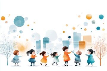 A watercolor scene of a group of children chasing bubbles in a sunny park, with pastel tones blending seamlessly to create a cheerful atmosphere